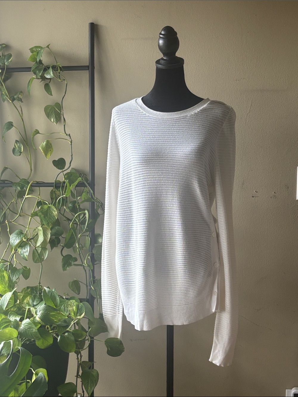 LOFT White Lightweight Crewneck Sweater with Side Buttons